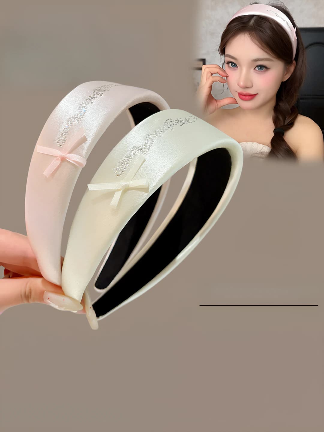 Women's Korean style wide satin headband with sweet bow and design element