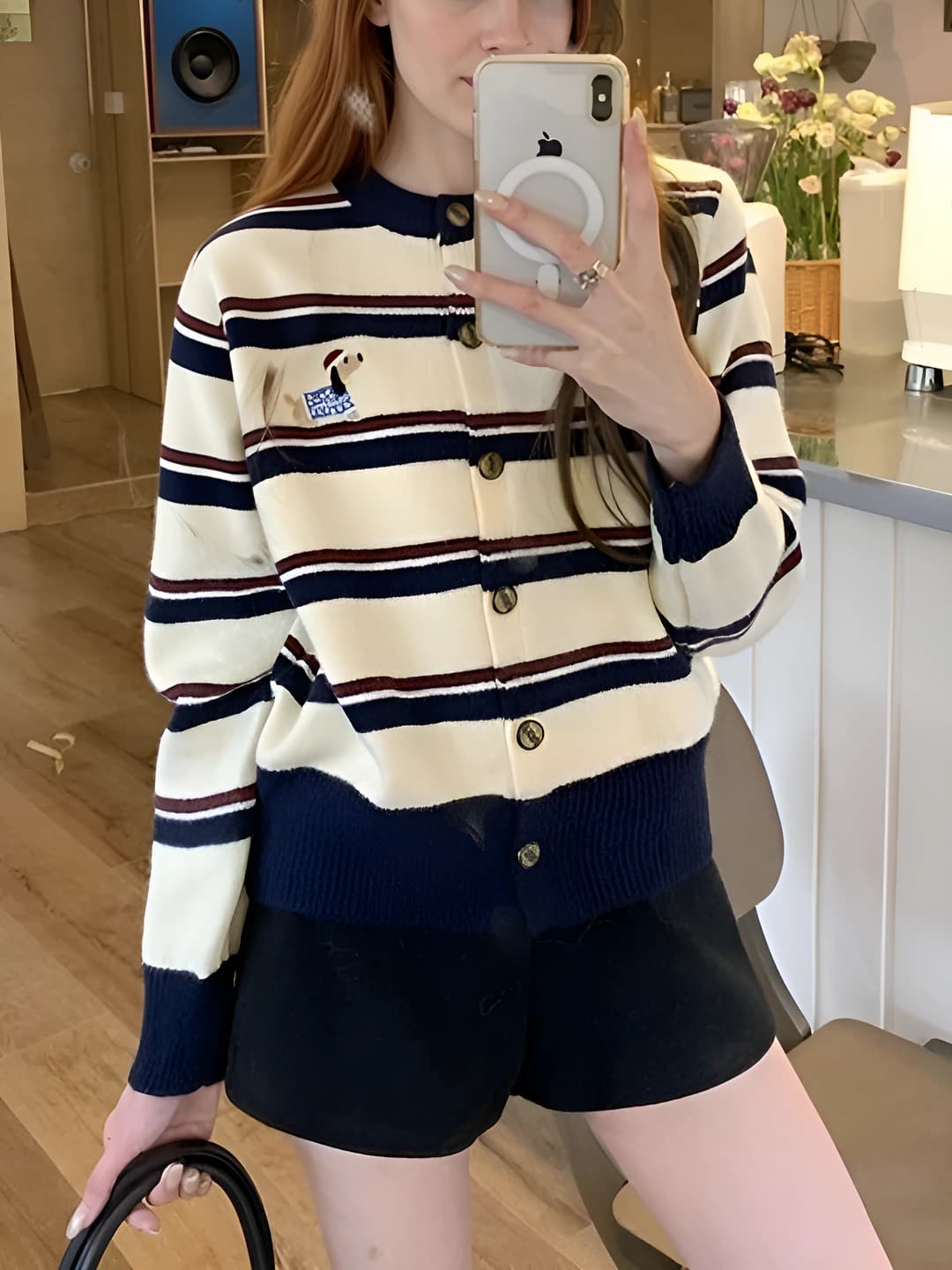 Women's striped crew neck knit cardigan, long sleeve sweater for autumn-winter