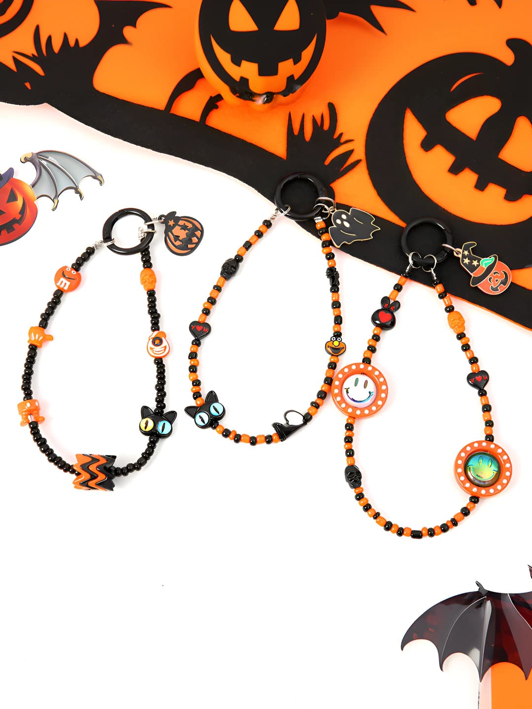 Women's black beaded keychain and phone strap, handmade, with Halloween elements