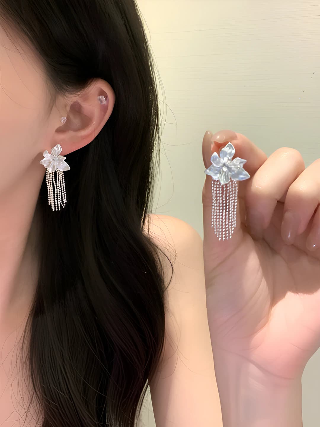 Women's white earrings with fringe, iris flower and faux pearl