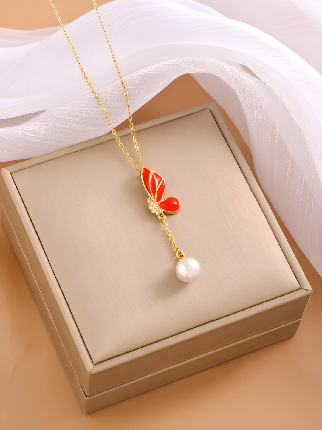 242 Fringe Butterfly Necklace - Gold-Red