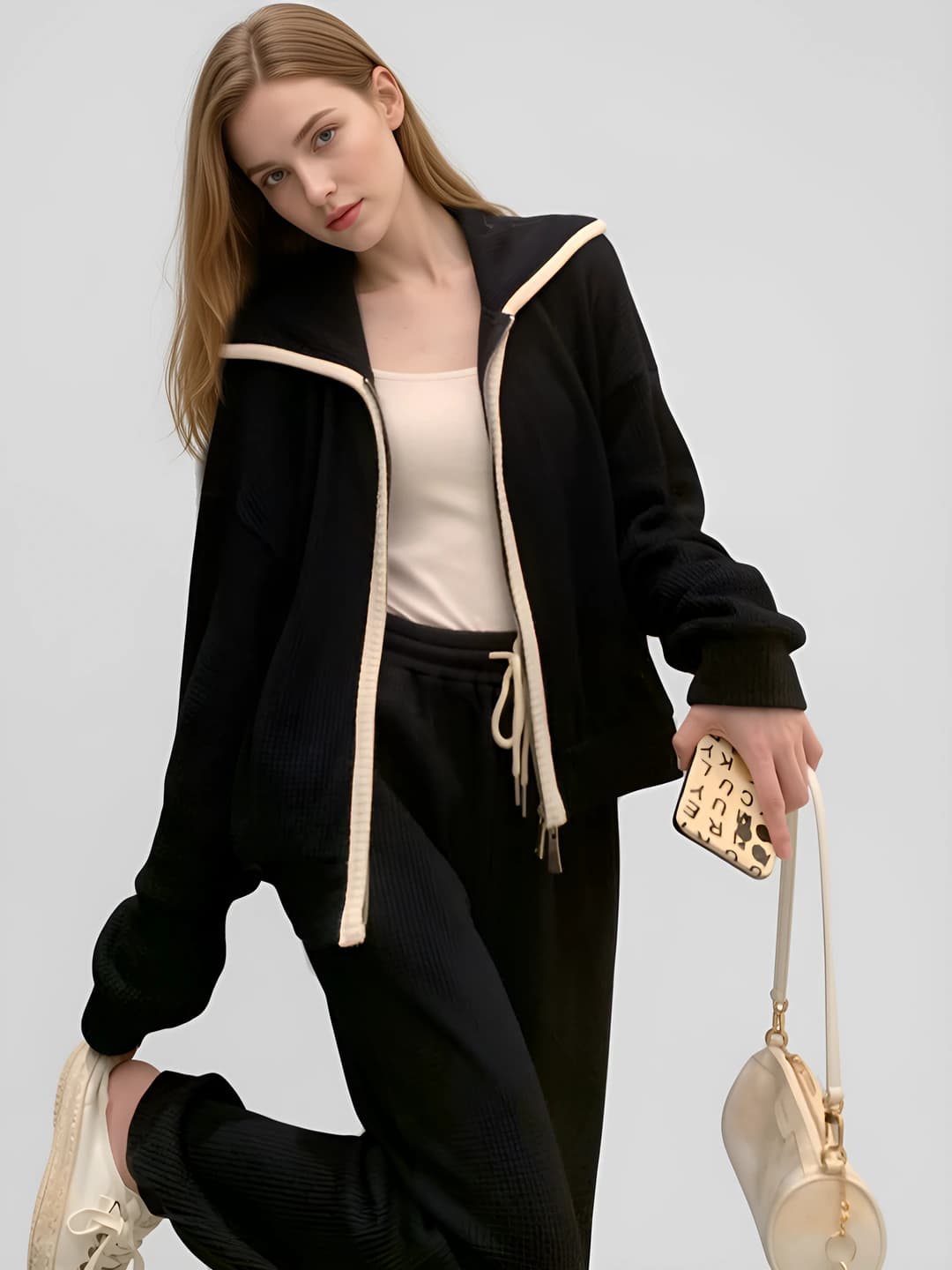 Women's autumn-winter clothing set: loose fit cardigan with lapel collar and zip, plus loose fit trousers