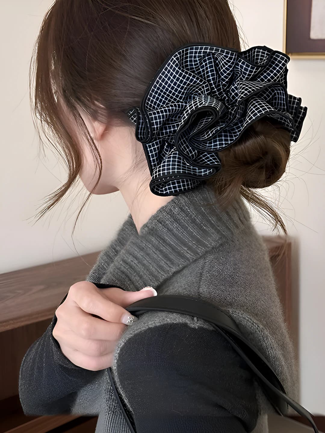 Blue striped plaid hair tie