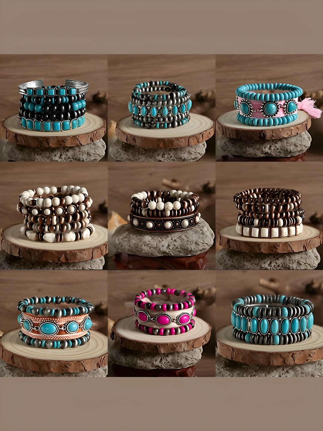 Women's retro style faux turquoise handcrafted beaded bracelet, ethnic pattern, multi-layer