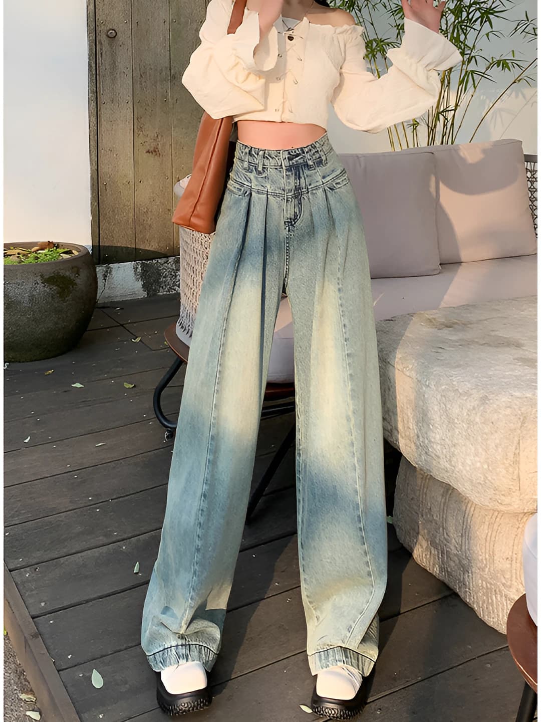 Women's high-waisted loose fit wide-leg jeans, spring-autumn