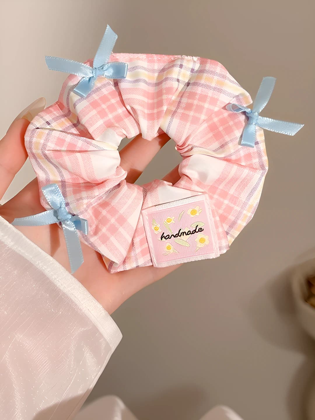 Pink plaid, bow, 11 cm