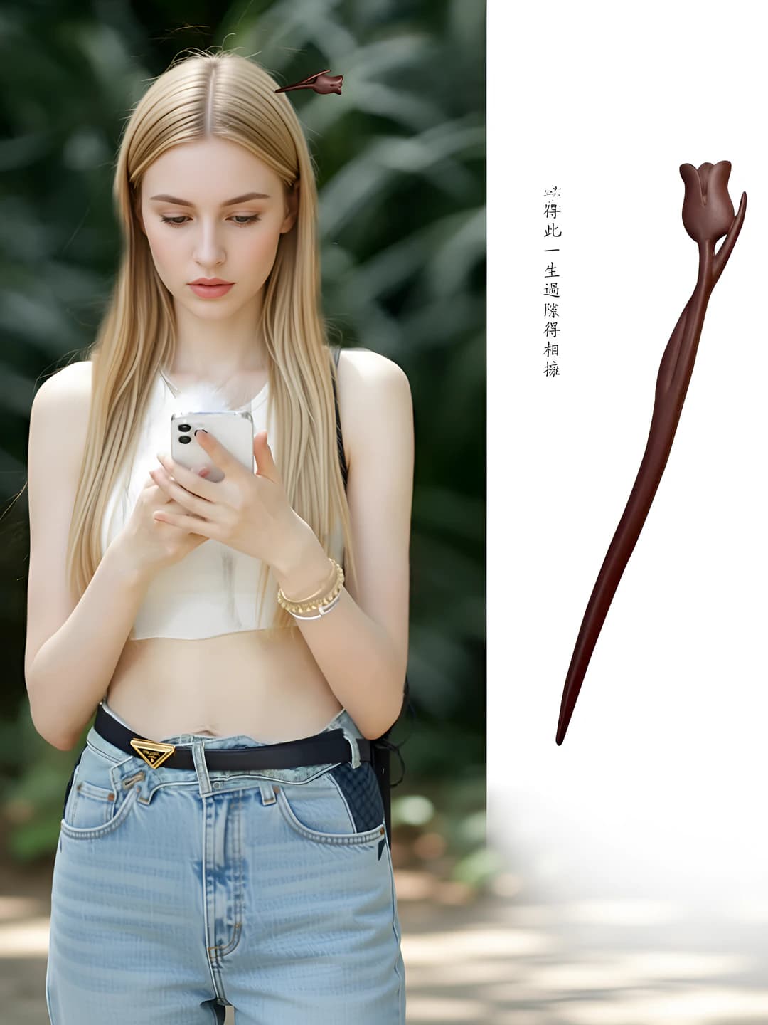 Women's hairpins and bobby pins in retro style: carved sandalwood hairpin in tulip flower shape