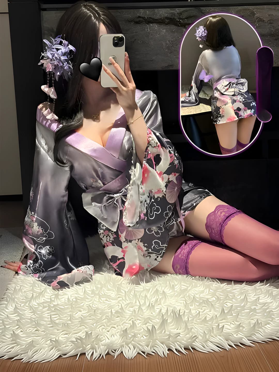 Women's sexy kimono-style lingerie set with waist belt and shorts: purple, satin chiffon, elbow-length sleeve, all-season