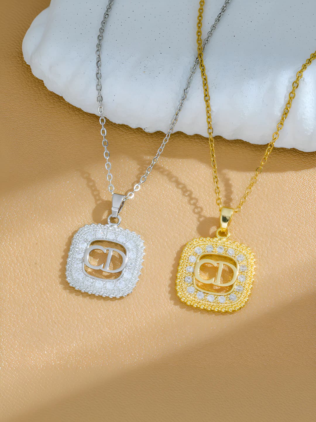 Women's titanium steel pendant necklace with letters and numbers design element, O-link chain, vacuum 18K plating