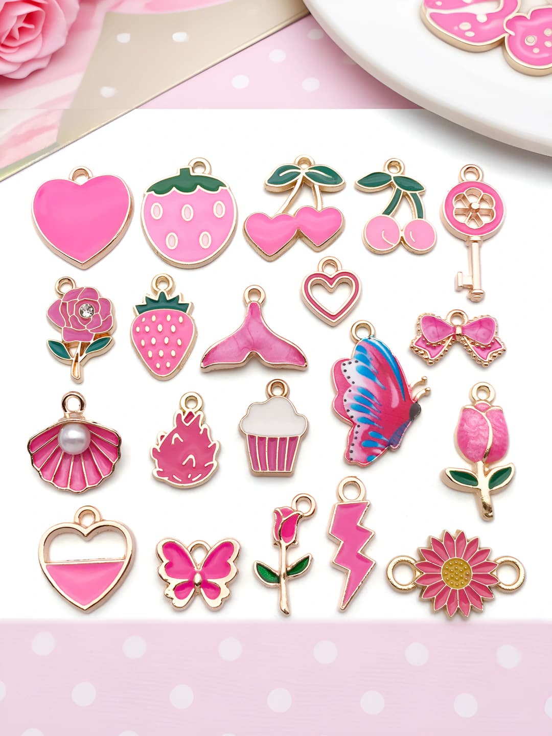 DIY enamel alloy charms for women: pink strawberry with bow, heart, cartoon design element, chain, earrings, pendant