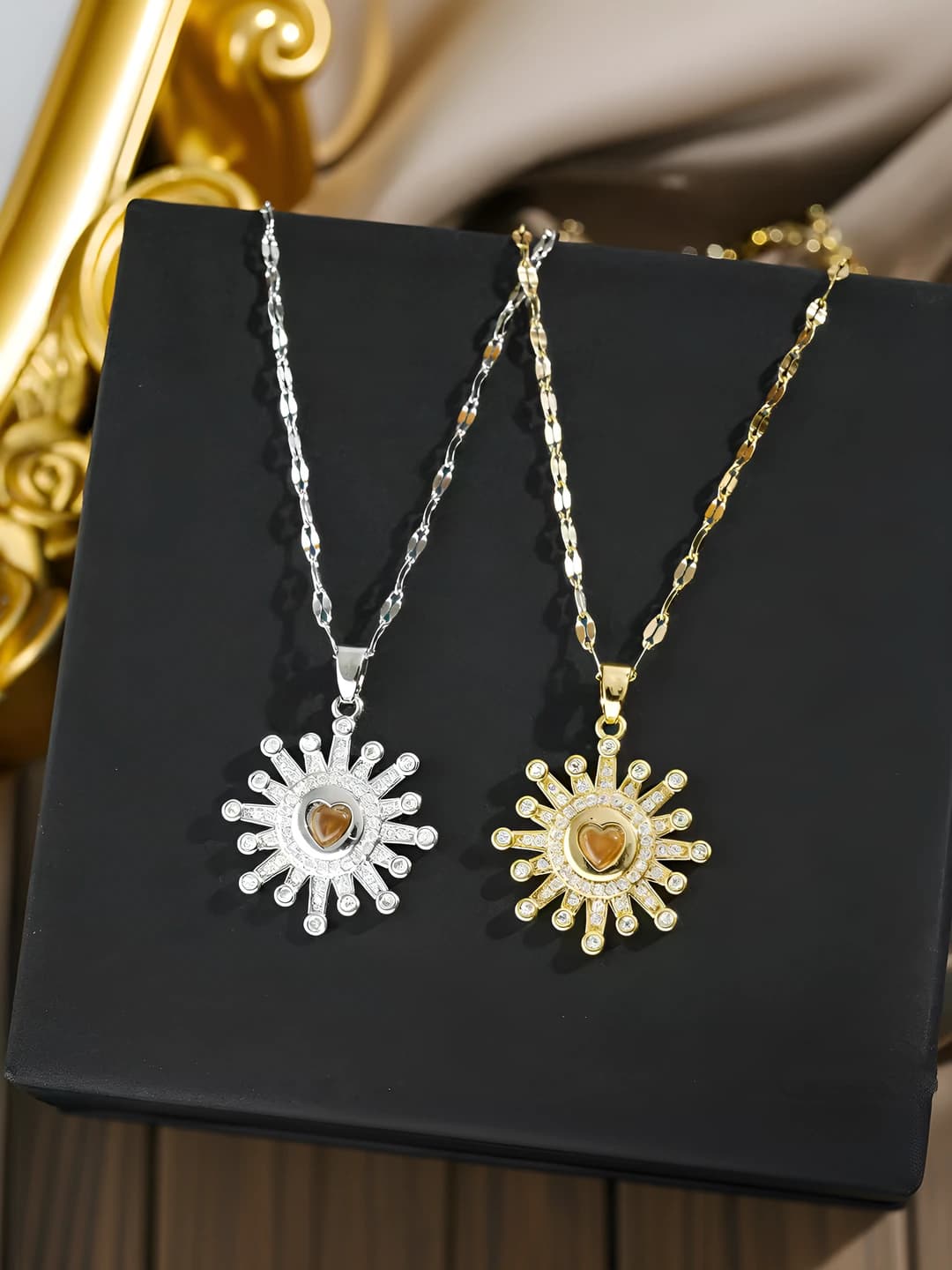 Women's sunburst pendant necklace in retro style: 18K gold plated titanium steel, full pavé, O-link chain, 41-50 cm