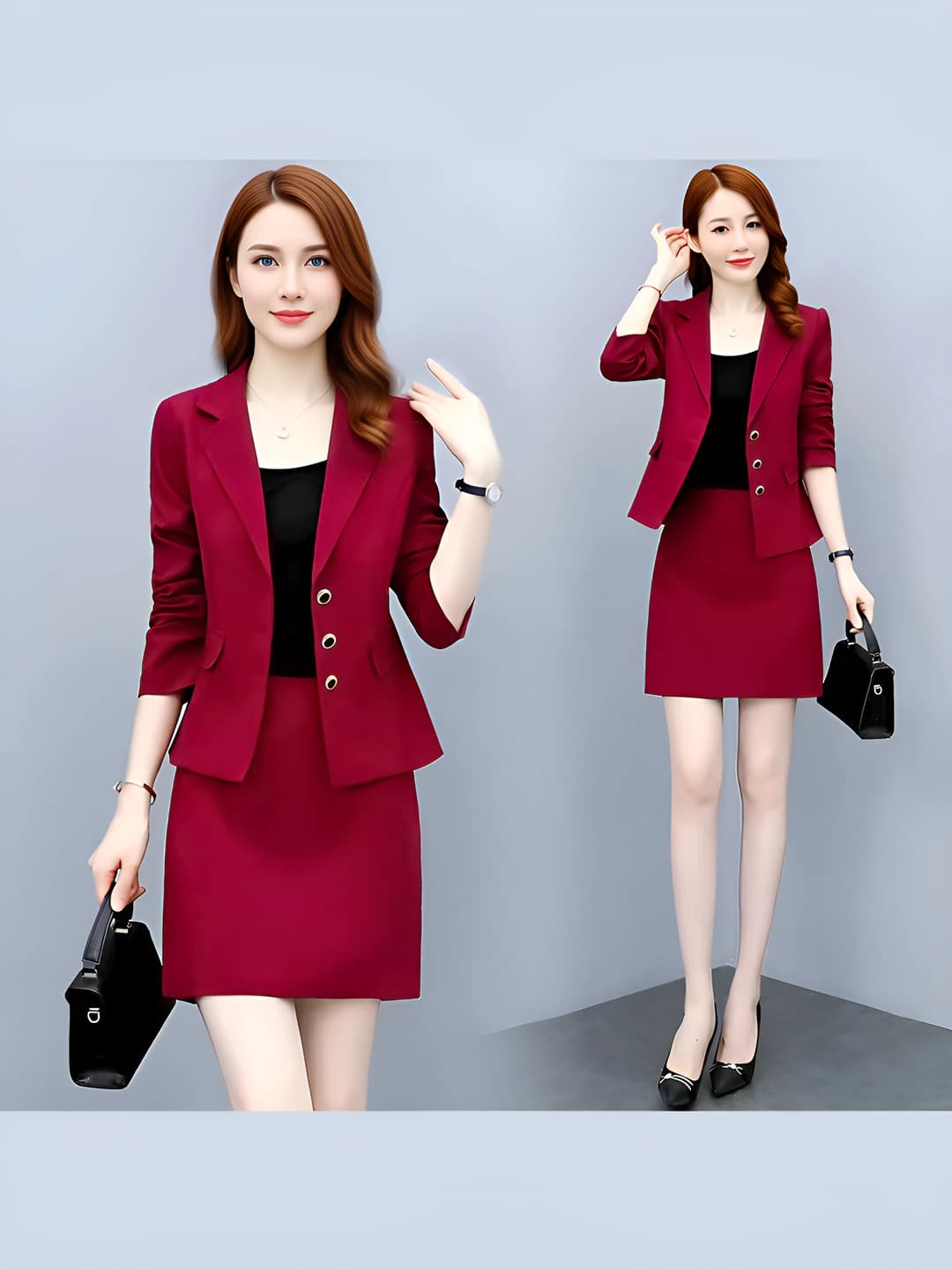 Women's skirt suit: red, solid colour, mini skirt, spring-autumn, 30%–50% polyester, bracelet-length sleeve