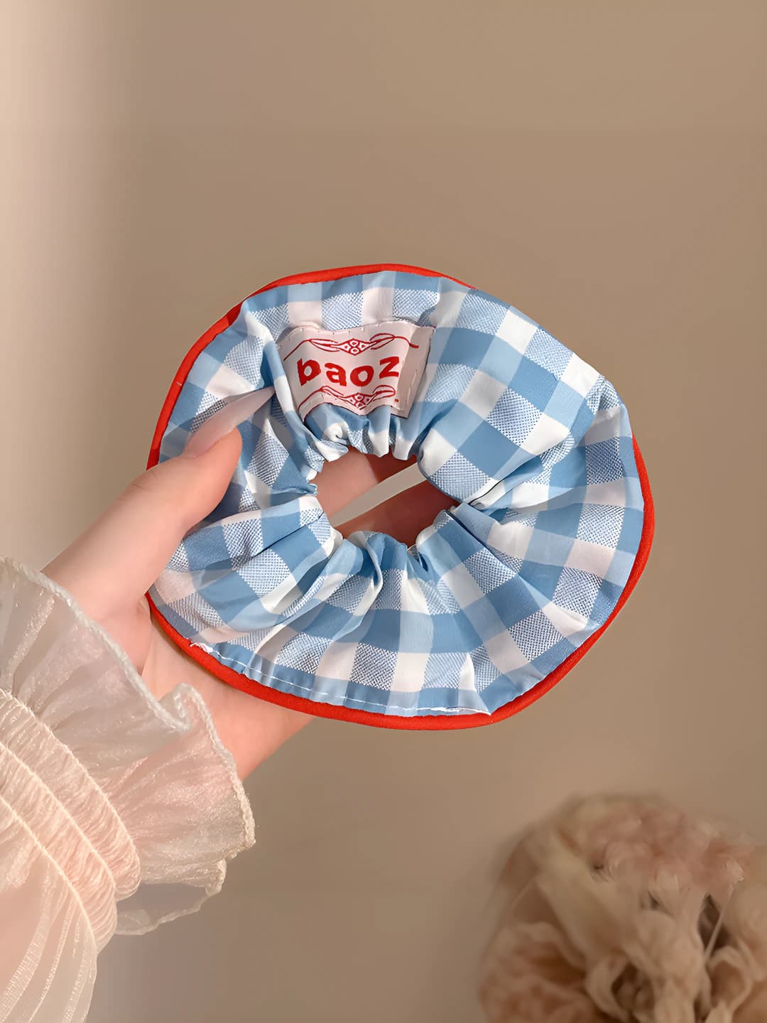 Blue plaid scrunchie ~14 cm