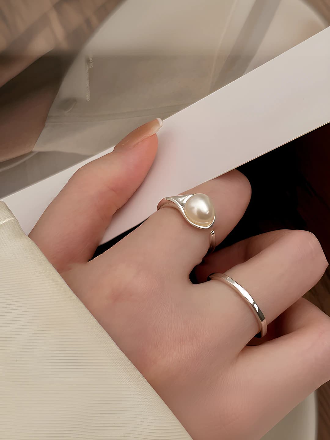 Pearl design ring for women, cold style, open and adjustable, 2026