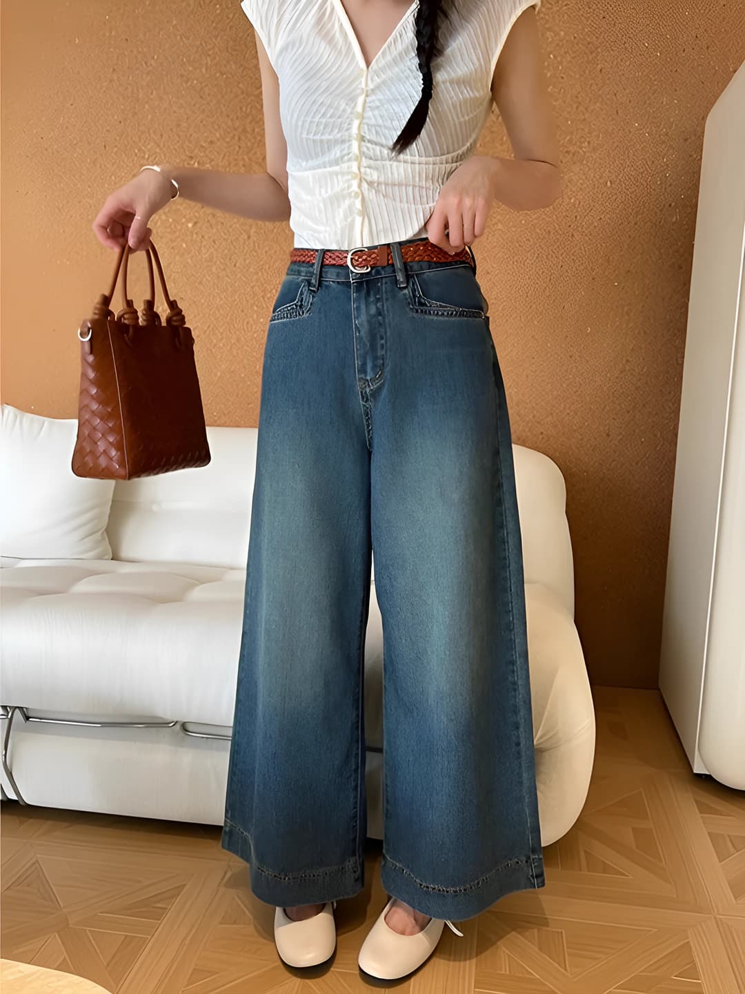 Women's wide and flared jeans: autumn retro, high-waisted, straight cut, loose fit, slimming, ankle-length trousers