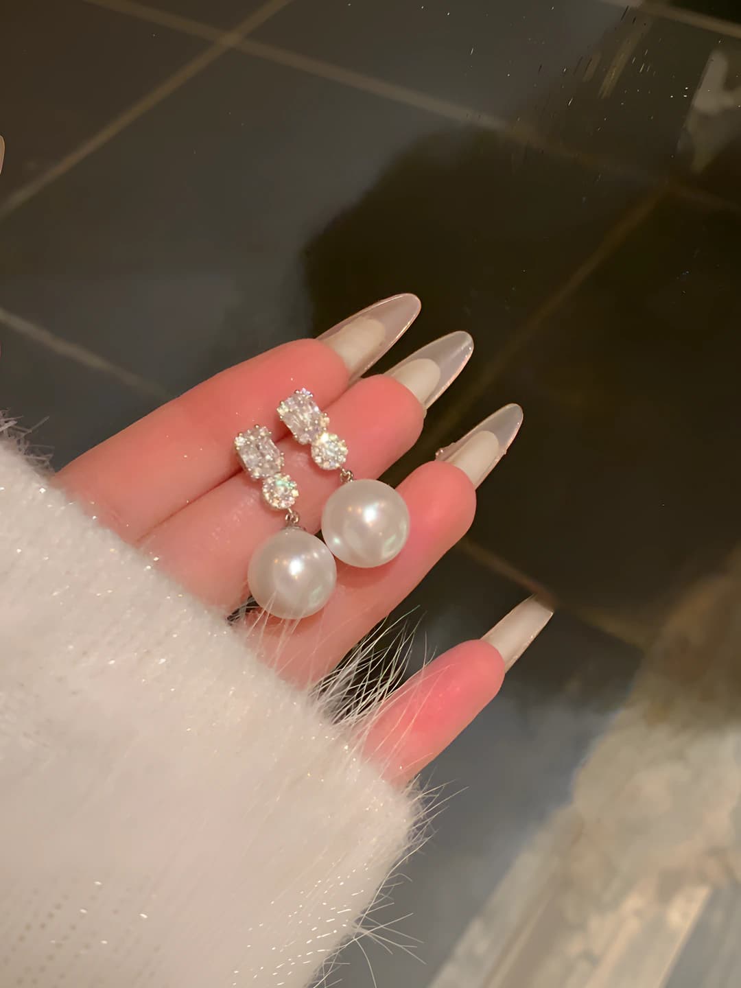 Diamond pearl drop earrings