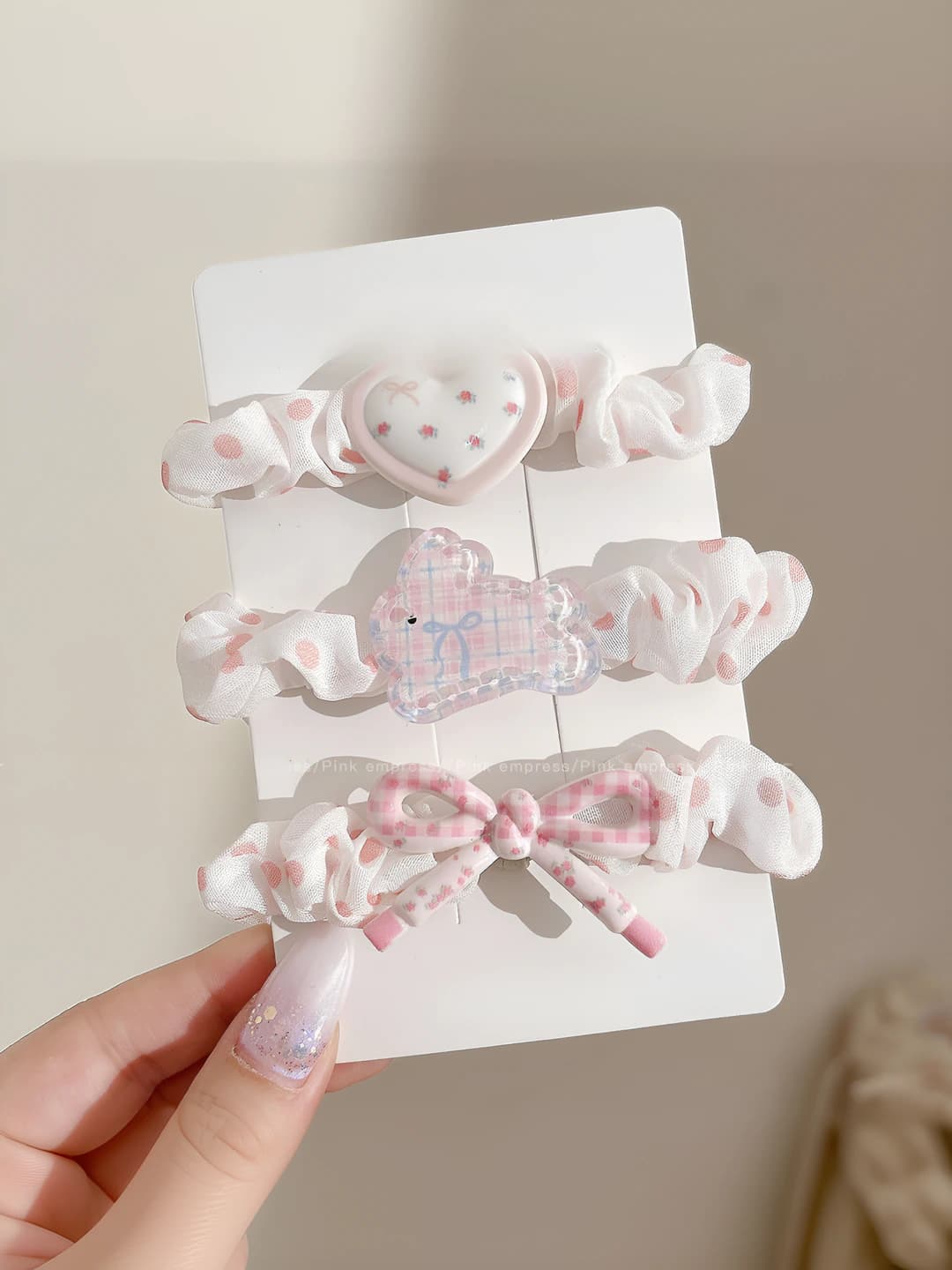 1# Pink scrunchies 3-piece set - ~7 cm fabric+acrylic