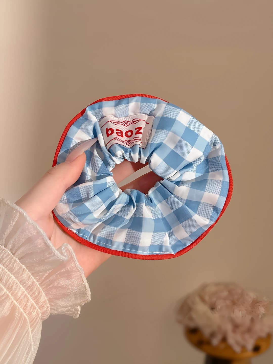 Blue plaid scrunchie ~14 cm