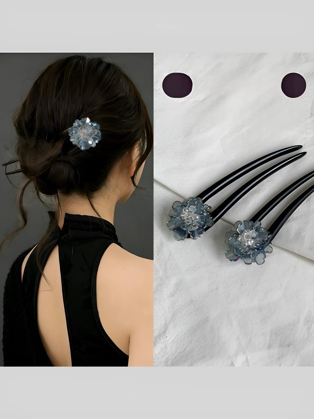 Women's black ebony hairpin in retro style, new Chinese style, with crystal and floral pattern