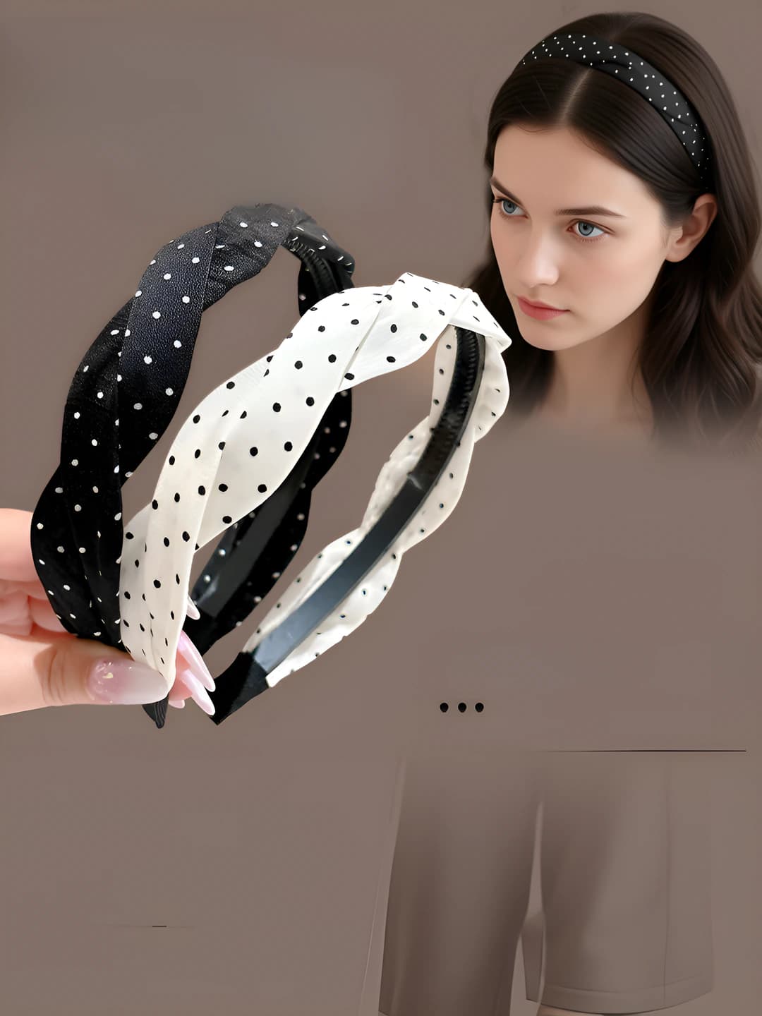 Women's 2026 headband with cable knit and polka dot design element