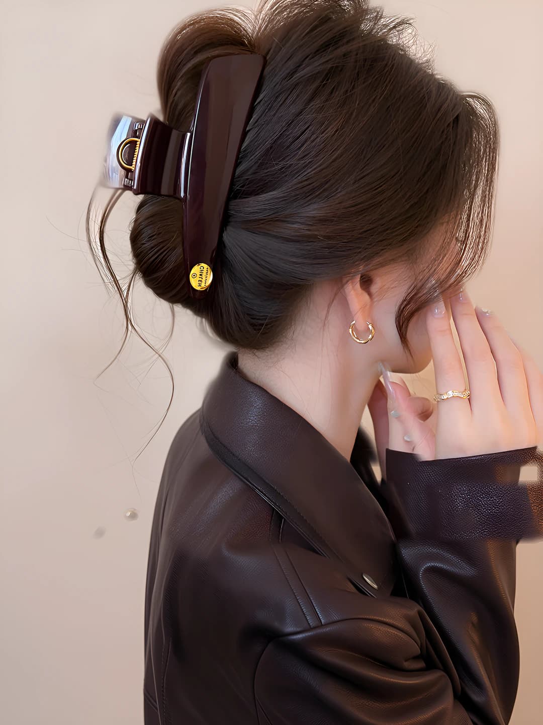 Chocolate brown gold logo claw clip