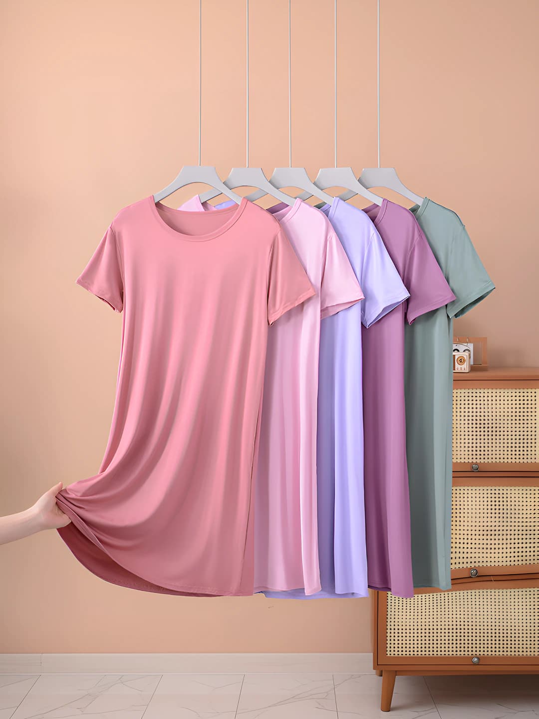 Women's loose fit modal home dress, summer, spring and autumn, crew neck, short sleeve, mid-length, A-line, casual style