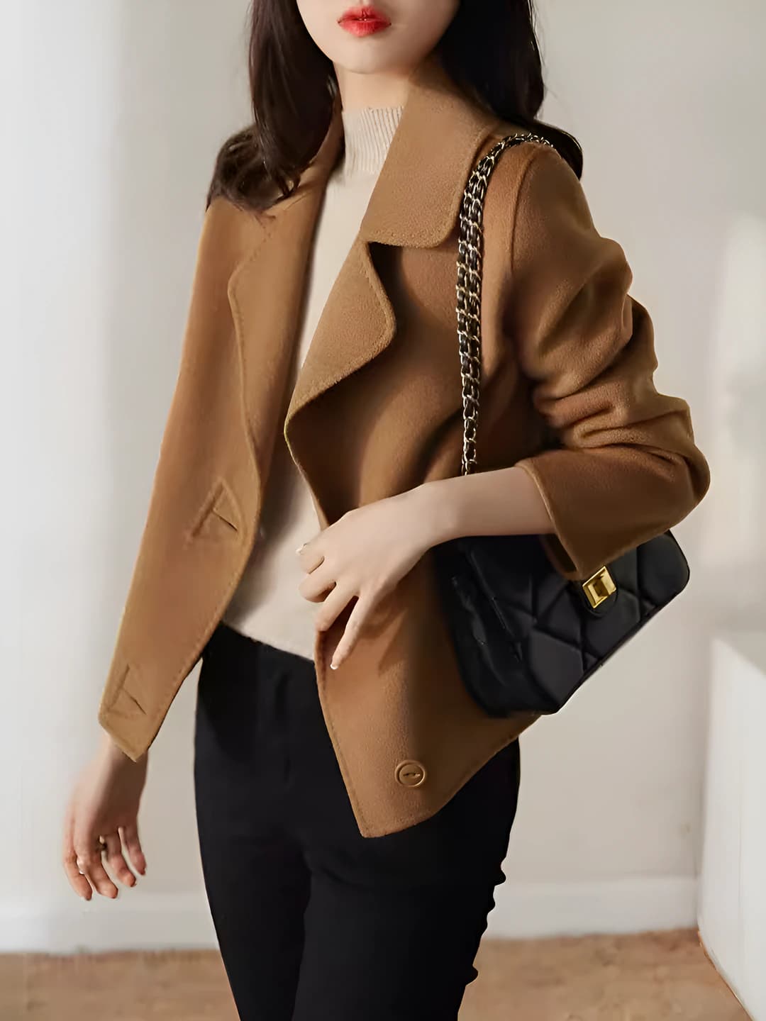 Women's short wool coat autumn-winter for petite, solid colour, loose fit, blazer collar, long sleeve, 2026