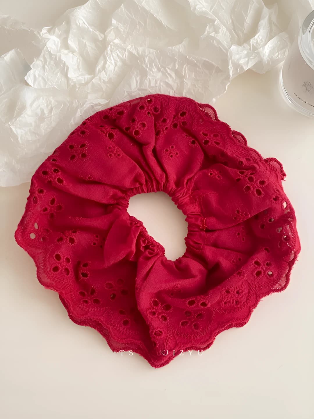 Rose red, embroidered, lace