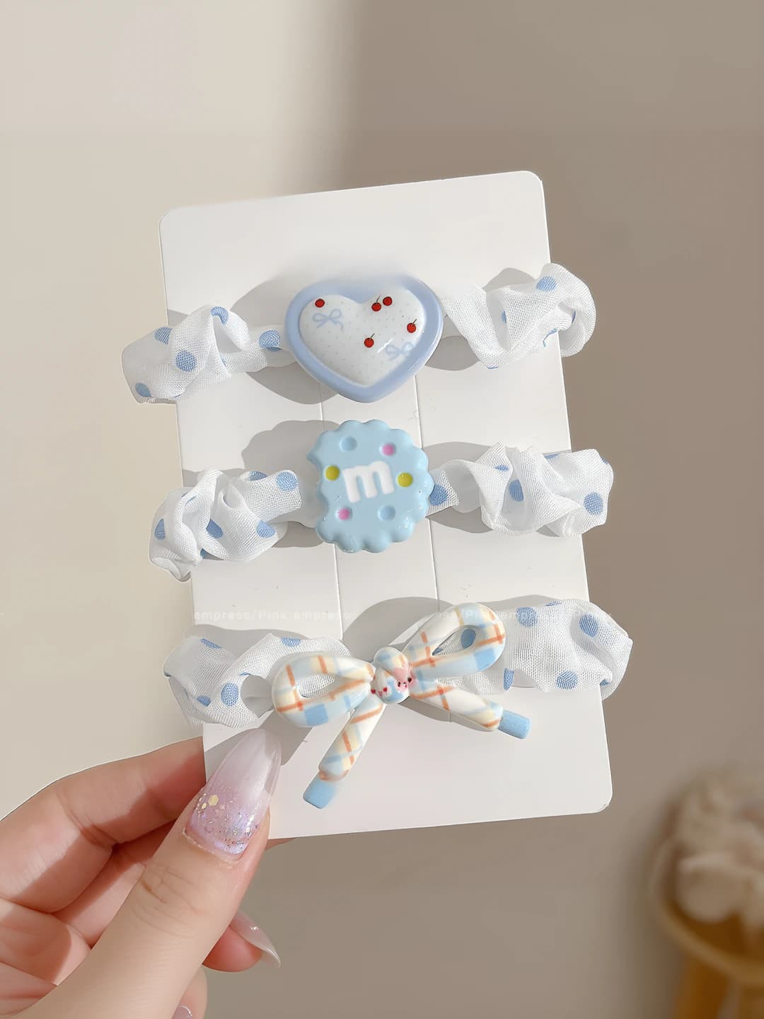 Blue set of 3, ~7 cm, fabric+acrylic