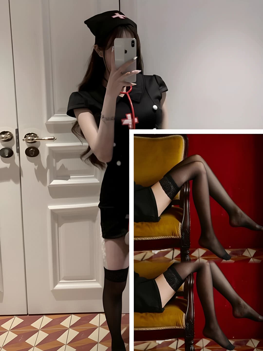 Black nurse + hat + black stockings