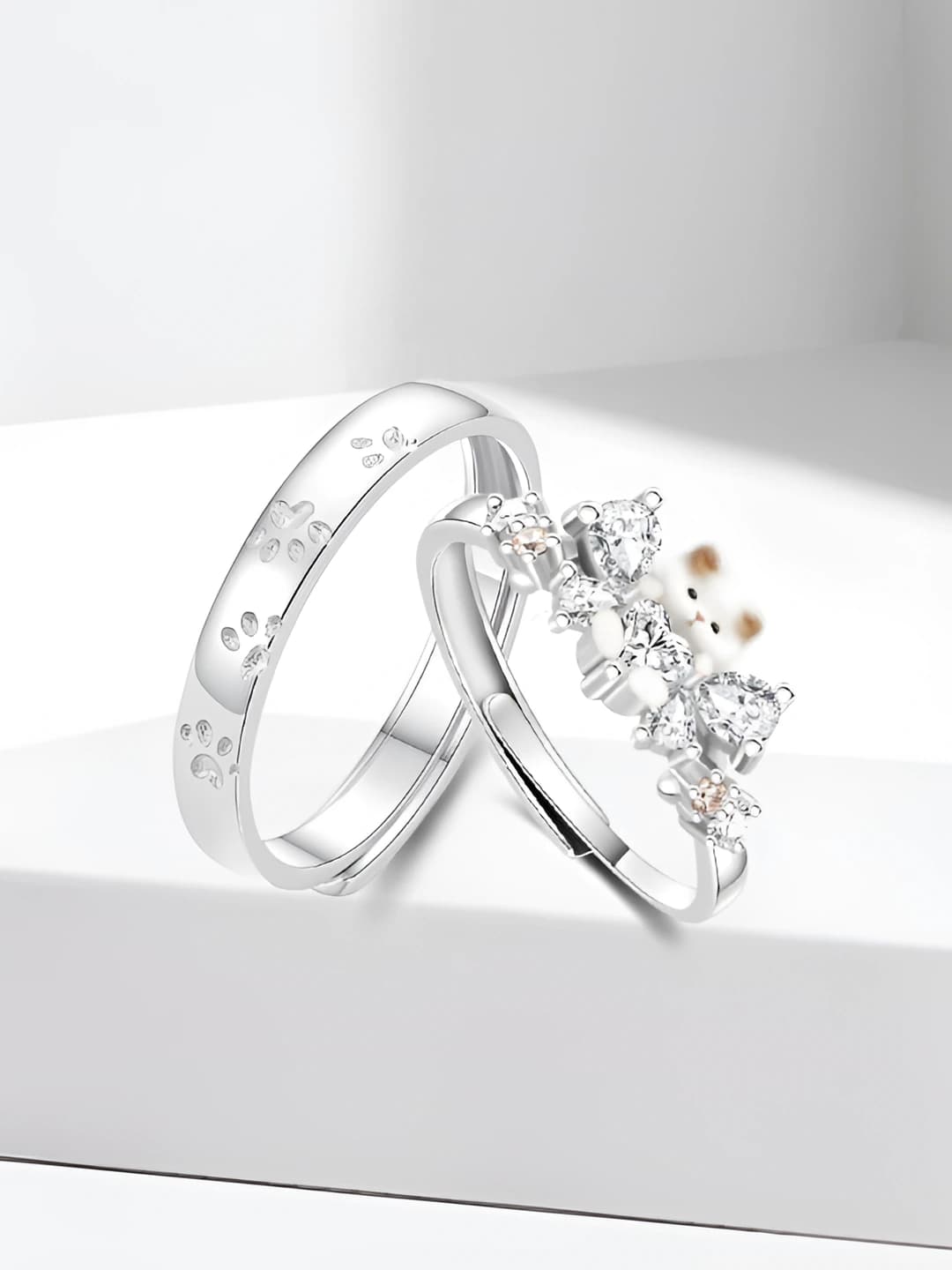 Adjustable couple rings for men and women with rhinestones, geometric shape, cat and bear design, cream sweet style