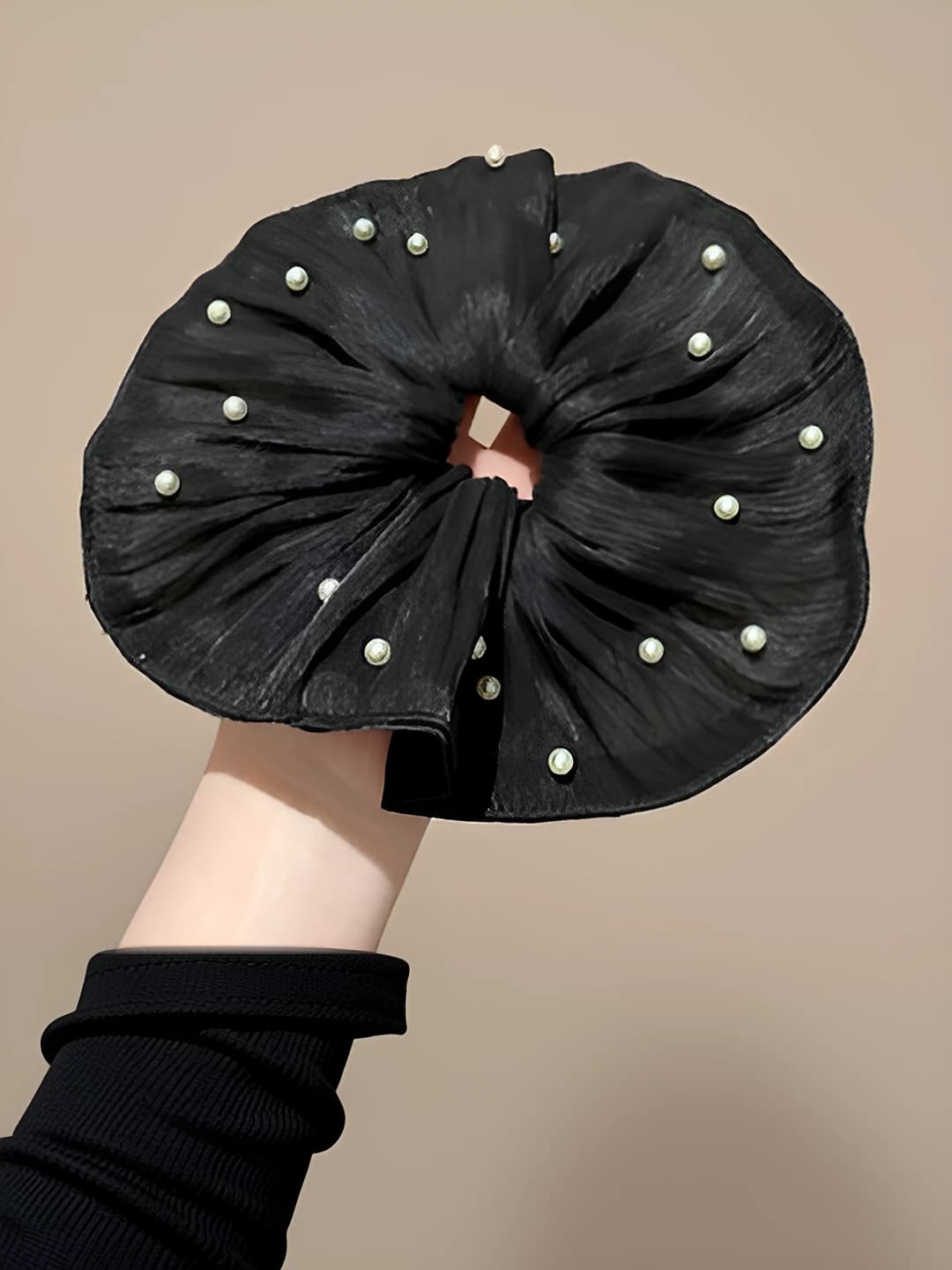 2# Black pearl ruffle scrunchie