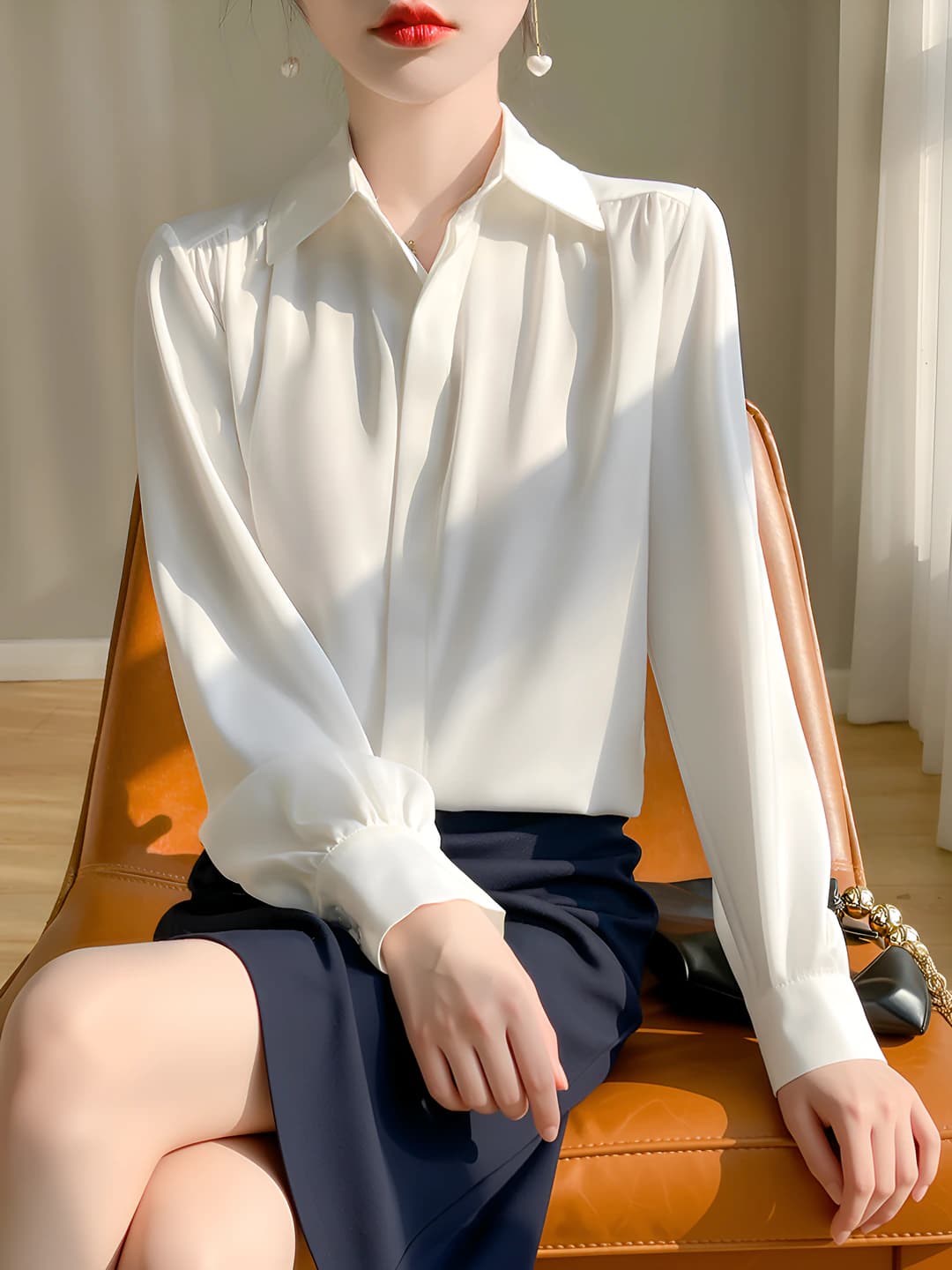 Women's long sleeve POLO collar solid colour shirt, for wearing under a blazer, wrinkle-resistant, satin texture