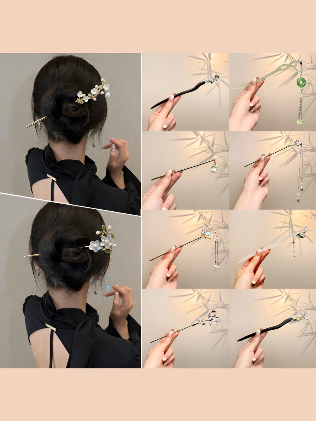 Decorative hairpin (buyao) for women — style: ancient, design element: new Chinese, shape: floral, handmade