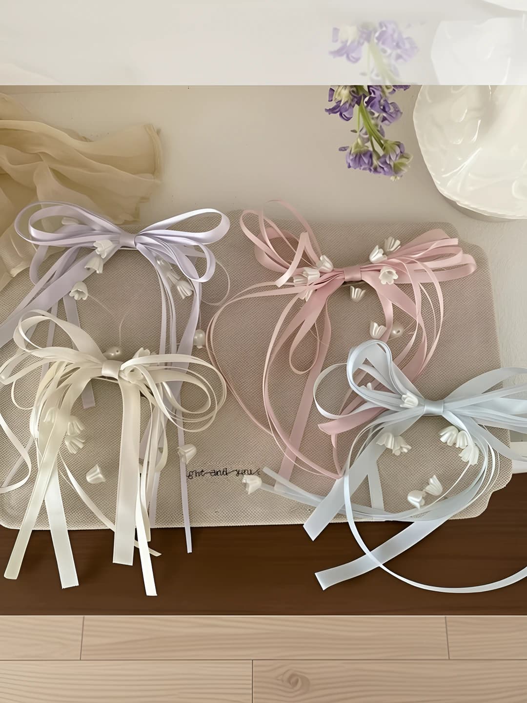 Women's hair clips and combs: pink ribbon bow hair clip with lily of the valley shape, handmade