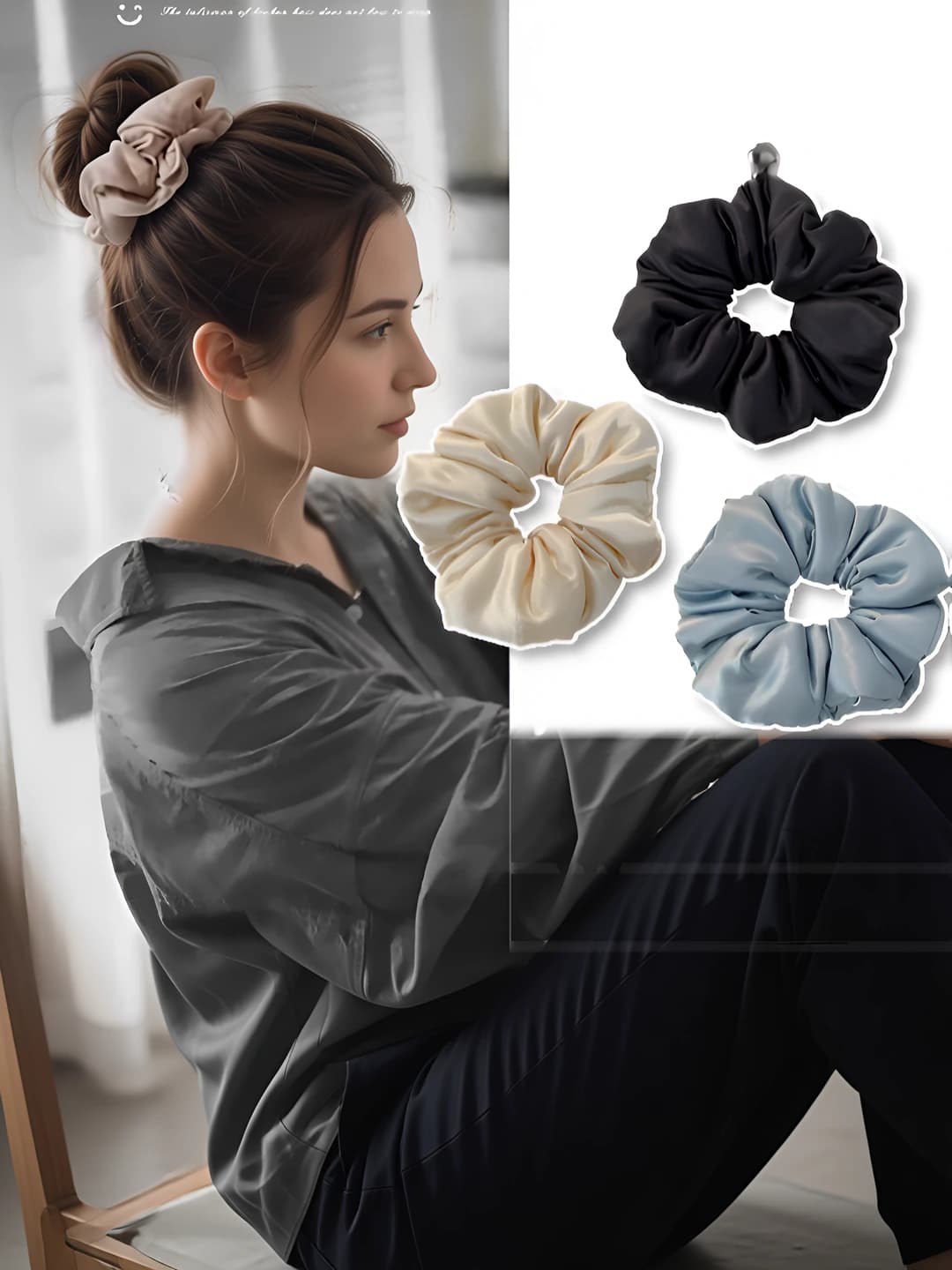 Women's solid colour satin stretch hair scrunchie, large size, French style