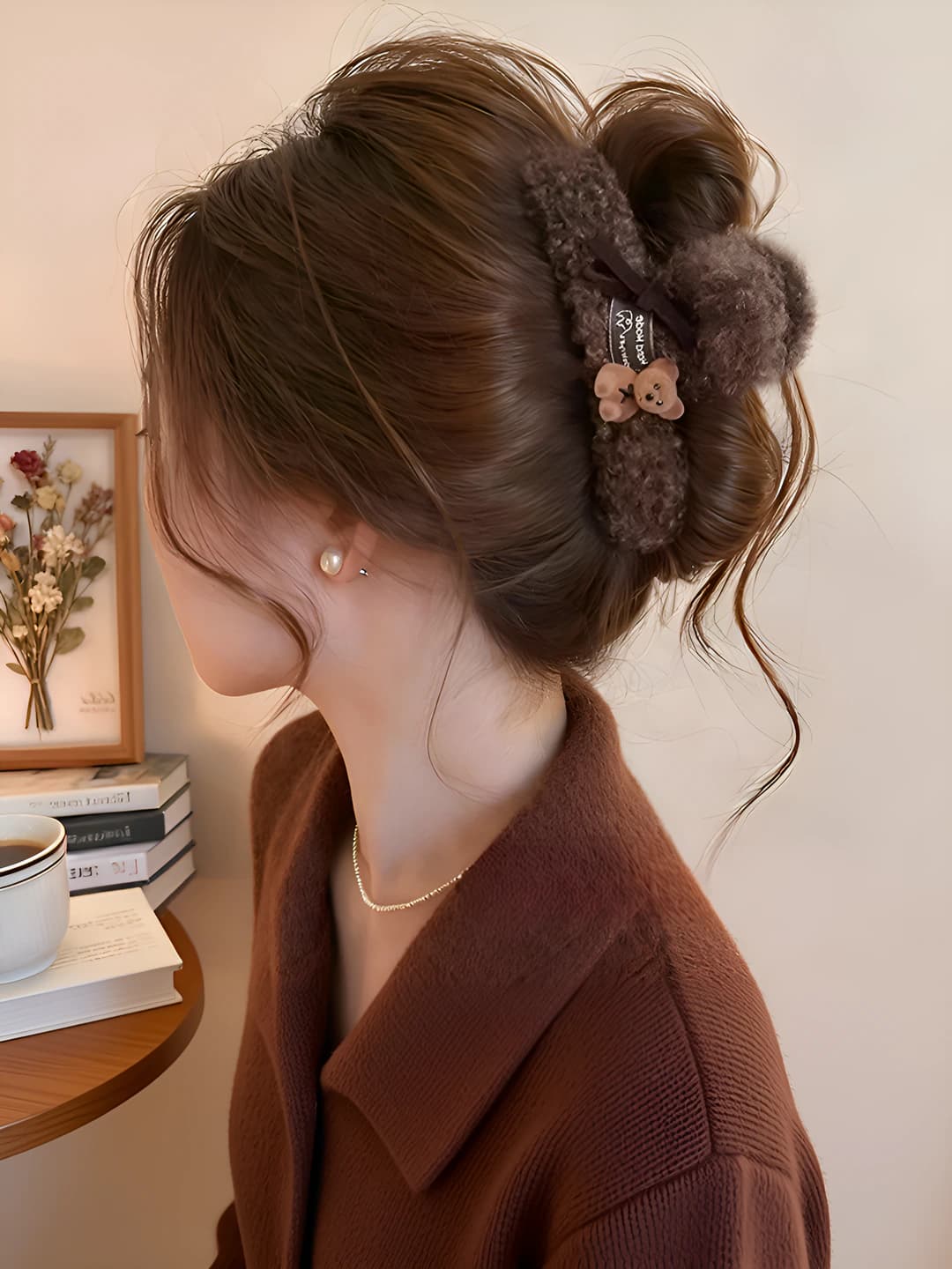 2# Coffee velvet bear clip ~13 cm