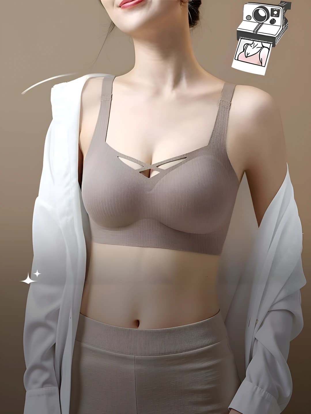 Women's summer seamless wireless bra with fixed cups, push-up effect, 3/4 cups, 3-row back closure