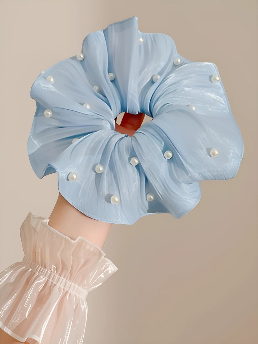 Light blue pearl ruffled hair tie