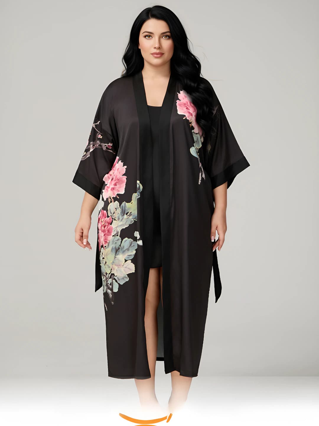 Women's plus size satin printed sleepwear set, V-neck, three-quarter sleeve, loose fit, spring-summer-autumn