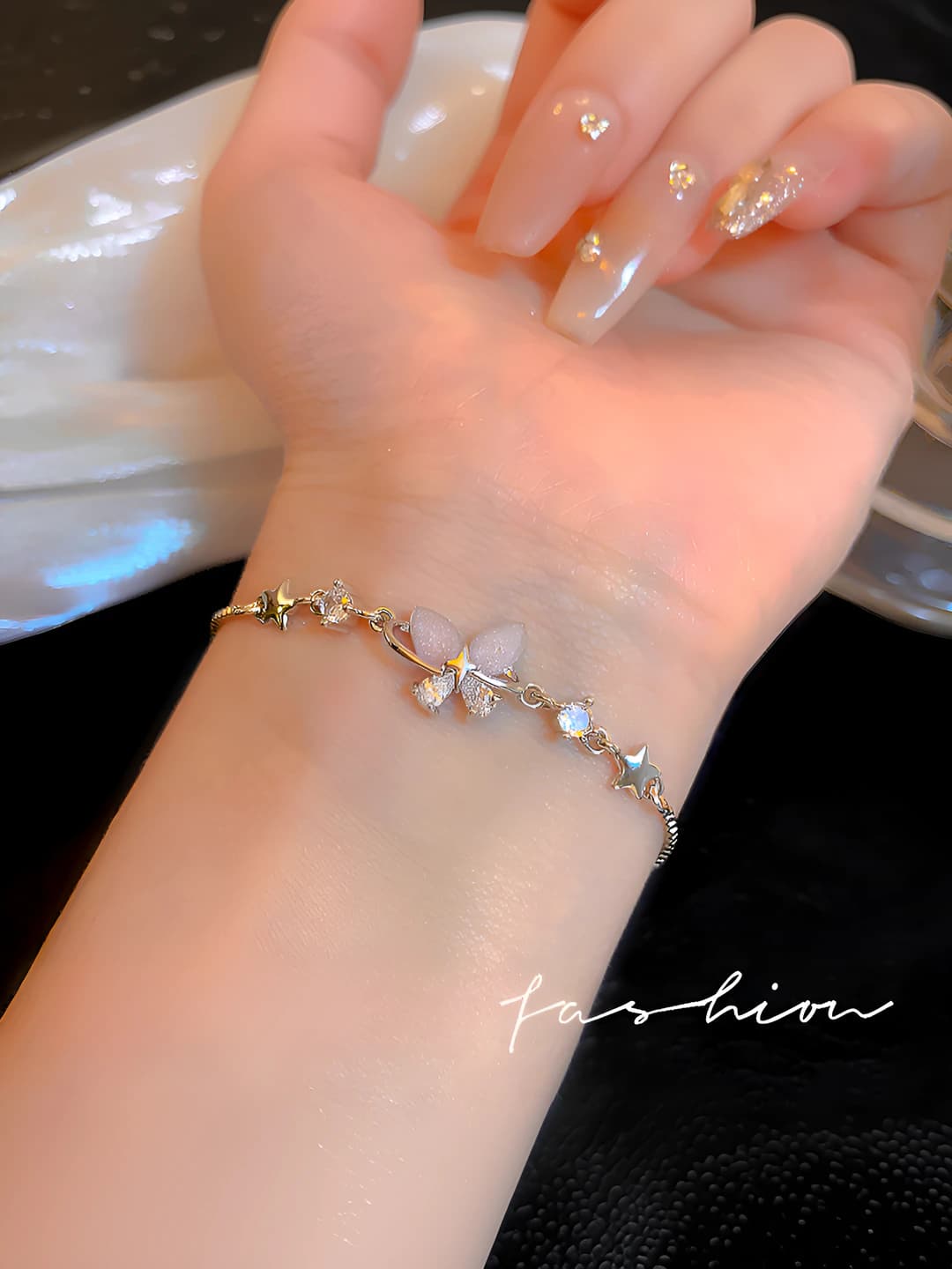 Women's ins style bracelet with fruit and butterfly design elements, made of copper plastic, with electroplating