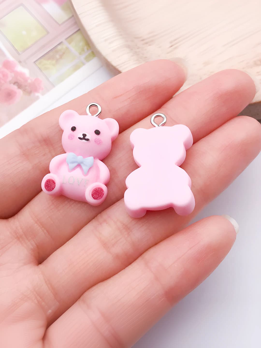 1 pink resin matte ribbon bear love 15x25mm-1.9g