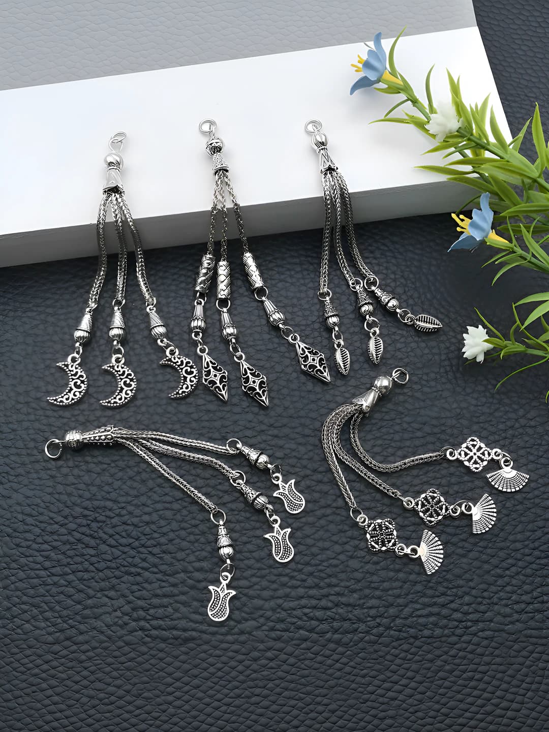Ayollar uchun DIY tassel charm connectorlari: qora kumush rangli zink qotishma, elektroplating, tabiiy uslub, tassel naqsh