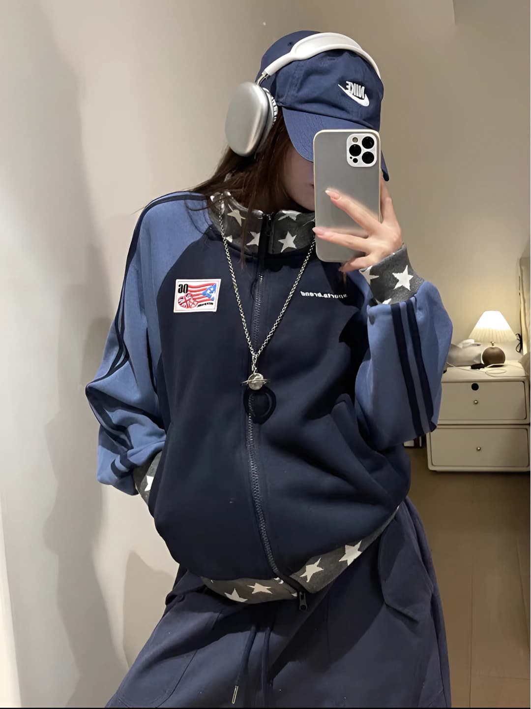 Women's sports zip-up stand-collar sweatshirt, loose fit, star pattern, spring-autumn