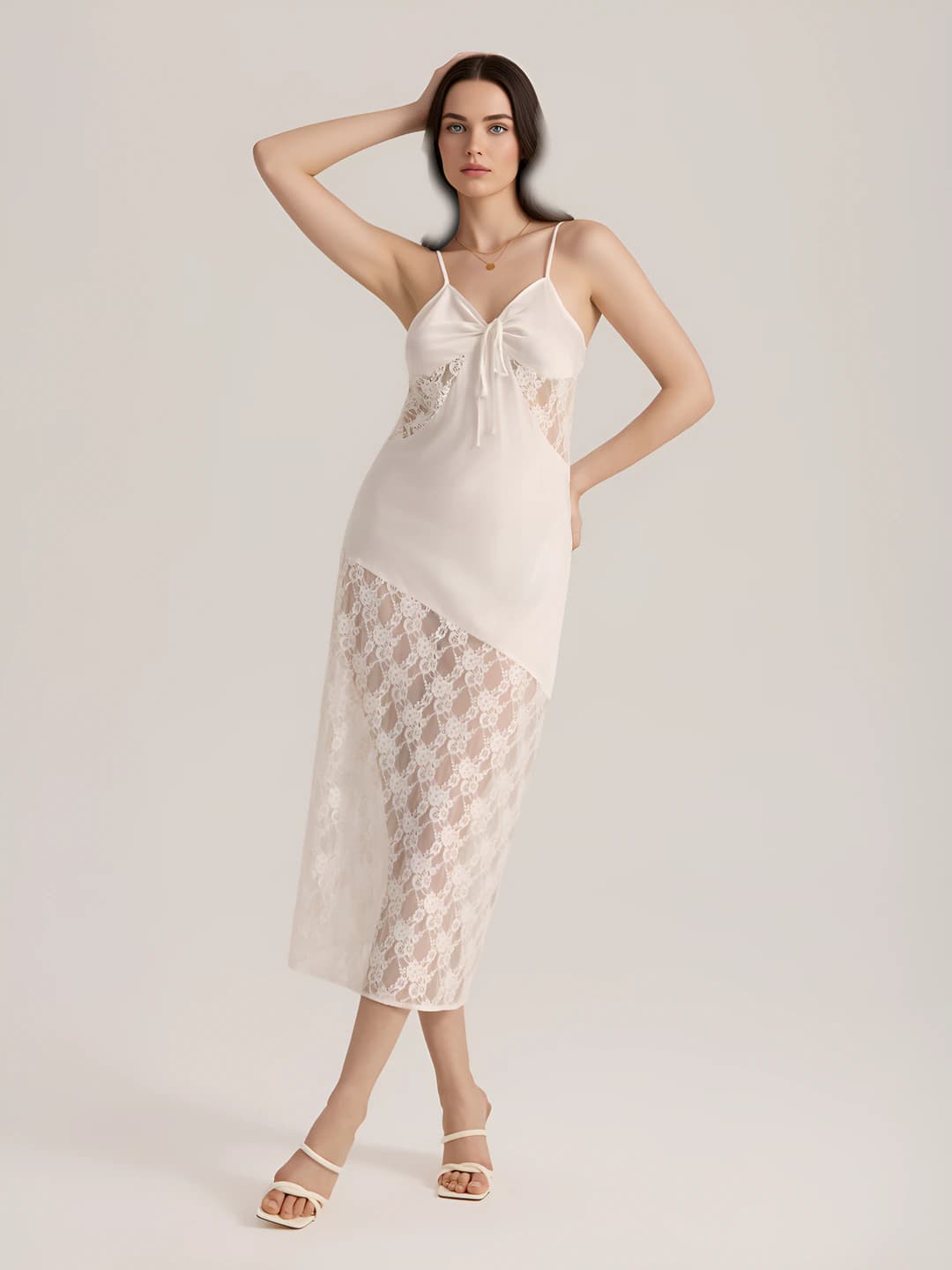 Women's long lace and satin slip nightgown, summer, spring and autumn loungewear