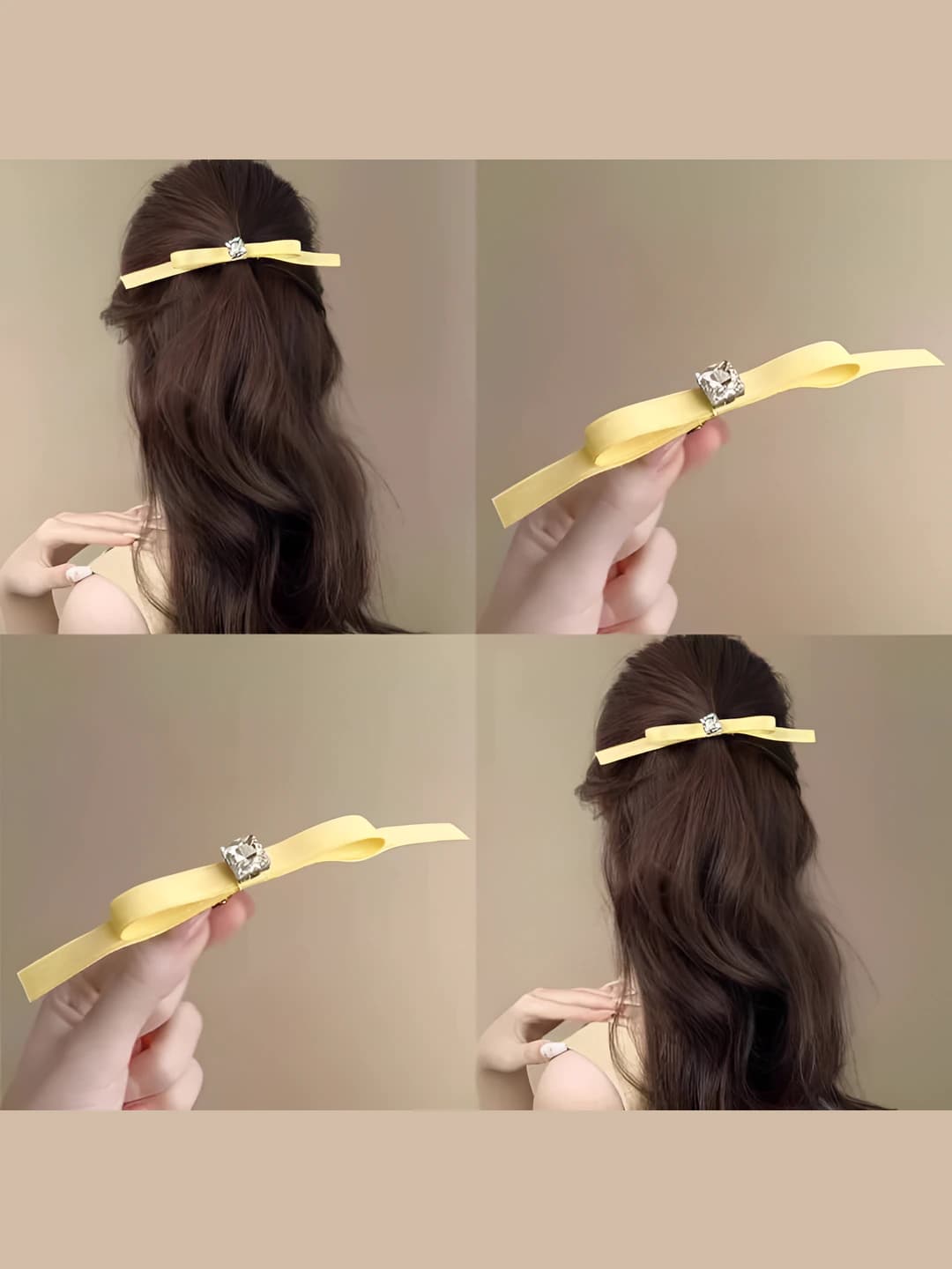 Women's hair clips and combs: Korean style, handmade, cream color, rhinestones, satin ribbon and bow, duckbill shape hair clips and combs