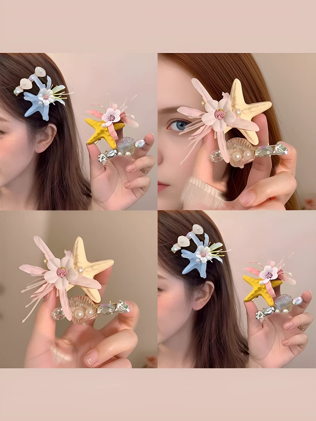 Women's hair clips and combs: Ocean series with flowers, stars, shells and berries