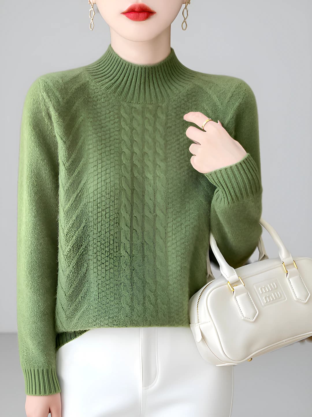 Women's autumn-winter thickened wool sweater, mock neck, loose fit, long sleeve, casual style