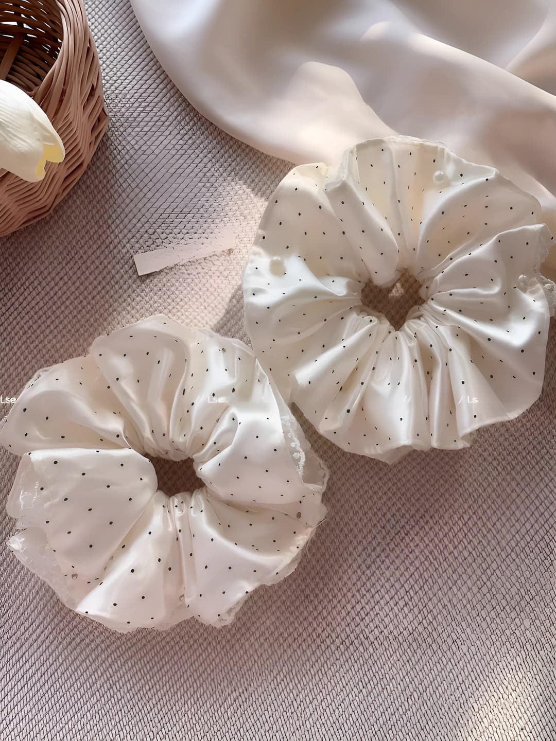 White satin polka dot lace