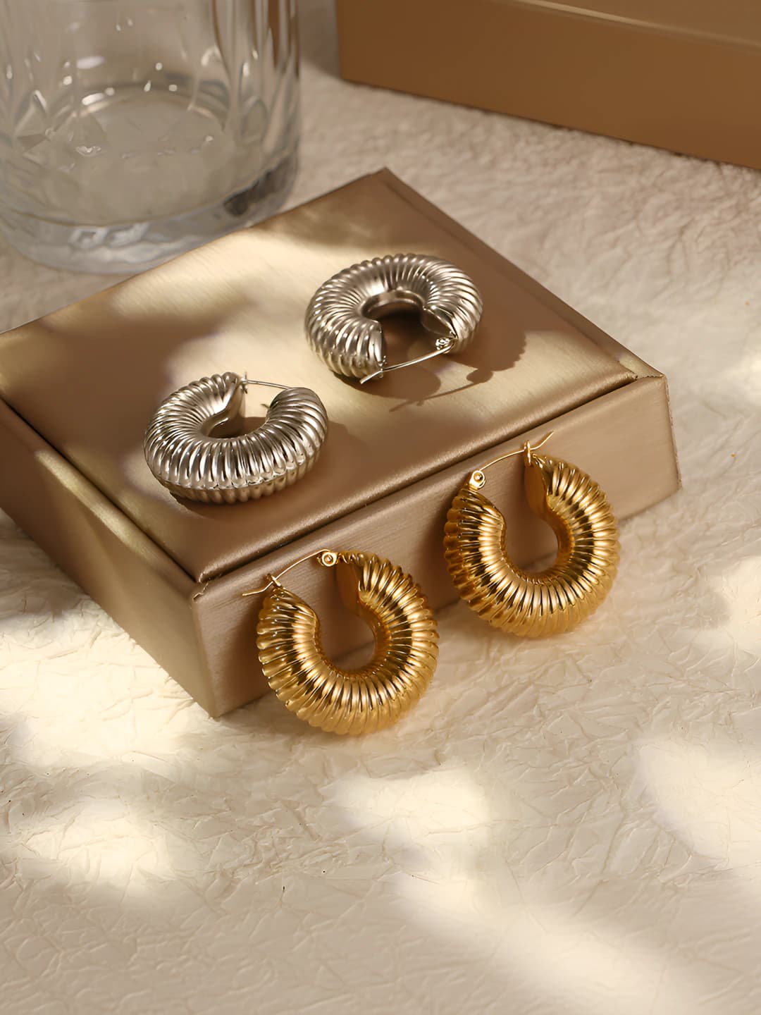 Женские ретро серьги-кольца с волнами из титановой стали цвета 18K золота